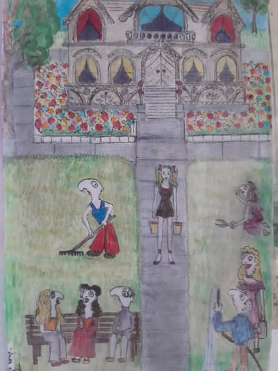 This is a watercolor painting depicting a whimsical scene. On the left, a grand, gothic-style building with arched windows and ornate details stands amidst colorful flowerbeds. The building's facade is primarily rendered in grays and whites, with touches of red, blue, and yellow in the windows, suggesting stained glass.
To the right of the building is a paved walkway, leading into a grassy area. Several stylized figures are scattered across the scene. One figure, wearing a brown dress and red bows in her hair, is lying on the walkway with two yellow boxes beside her. Further down the walkway, a person in a blue shirt and red skirt is using a rake.
In the grassy area, several other figures are depicted. One is hunched over, appearing to be working on something with tools, wearing a purple sweater and a pink bag. Another is leaning over a cart, perhaps for gardening, with a blue outfit. A group of three figures is seated on a bench. One is in a gray suit, another in a red dress, and the third in a light orange top and gray pants, all with exaggerated features and wide eyes.
The overall impression is one of a sunny day in a garden or park setting, with a slightly surreal and humorous tone due to the stylized characters. The painting is oriented sideways, with the building at the bottom and the figures at the top. No text is visible in the image. The artistic style is characterized by bold outlines and vibrant, though somewhat uneven, coloring.