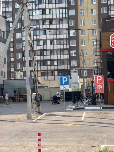 The image shows an outdoor scene in Novoe Devyatkino, Russia, likely during the daytime under sunny conditions, given the strong shadows. In the foreground, a person in a pink shirt stands near a parked vehicle. The middle ground features a parking lot with several bicycles, a person in a wheelchair being pushed, and various signs. One sign is a blue "P" for parking, another is a blue arrow pointing left, and a third is a red square sign with a "P" and text in Russian. There are also yellow parking lines painted on the asphalt.
Behind the parking lot is a large, multi-story building with a grid-like facade of windows. Part of a Burger King restaurant is visible above the building, with its distinctive orange and red logo. Another building, appearing older with yellow brickwork, is partially visible to the right of the Burger King. Utility poles and electrical wires crisscross the scene, suggesting an urban or suburban environment. The overall impression is a busy public space with elements of commerce and infrastructure.