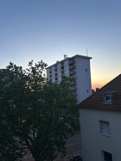 This image depicts an urban scene at dusk in Freiburg im Breisgau, Germany. In the foreground, a large tree with dense green foliage dominates the left side of the frame, obscuring a portion of a street and its markings. Beyond the tree, a tall, light-colored apartment building with multiple balconies and windows rises vertically. To the right, the tiled roof of a smaller building is visible, featuring a dormer window with a reflective pane. The sky above transitions from a clear, pale blue at the top to warm hues of orange and pink near the horizon, indicating the sunset. The overall atmosphere is calm and quiet, with no people or active events discernible in the scene.