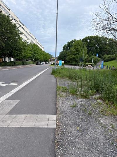 The image captures a street scene on a cloudy day in Oslo, Norway, likely in a residential or commercial area. The foreground shows a paved road with a white lane marking and tactile paving for visually impaired pedestrians. To the right of the road is a gravelly area with overgrown vegetation and some small wildflowers. In the middle ground, a row of parked cars is visible along the side of the road, with a line of green trees and hedges forming a boundary between the road and a modern, multi-story white building with many windows on the left. Further into the background, there is a grassy slope on the right, with trees and some blue signage, including a pedestrian crossing sign and a parking sign. A tall, thin light pole is prominent in the center of the image. The overall impression is one of a well-maintained urban environment with natural elements integrated into the cityscape.