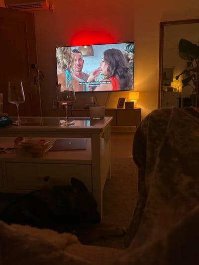 The image captures a dimly lit residential living room in Los Palacios, Spain, viewed from a low perspective, likely from a couch. A large flat-screen television is mounted centrally, displaying a scene with three individuals: a blonde woman in a light blue top with her back to the viewer, a man in a brown top looking right, and a woman with long dark hair in a red top facing left. Dutch subtitles are visible at the bottom of the screen, stating: "Het is dus stukgelopen tussen ons. -Wacht nou." (English: "So it broke down between us. -Wait a minute."). Above the television, a strip of red LED lighting illuminates the wall. To the upper left, a white horizontal air conditioning unit is mounted on the wall.
Below the TV, a wooden cabinet with slatted doors holds two framed pictures and a small, square table lamp emitting warm light. To the right of the TV, a tall, rectangular mirror with a gold frame stands against the wall, partially obscured by a large houseplant with dark green leaves. The mirror's reflection shows additional furniture and lighting.
In the foreground, a white coffee table with a clear glass top displays two empty stemmed wine glasses. On the lower shelf of the coffee table, a closed silver laptop, a clear plastic container (partially labeled "TRADITIONAL," likely containing pastries), and a small blue object are visible. On the floor to the right of the coffee table, a dark-furred dog, possibly a German Shepherd, lies resting or sleeping, with its head and front paws discernible in the low light. The foreground also shows a draped brown or beige blanket, indicating a person's presence off-camera, further contributing to the cozy, evening ambiance.