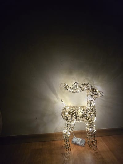 An illuminated wireframe reindeer decoration stands on a wooden floor in front of a textured wall. The reindeer is outlined with small, warm white LED lights. A clear plastic battery pack with a white label is situated at the base of the reindeer's front legs. The wall behind the reindeer is dark and textured, with a faint shadow cast by the illuminated figure. The lighting suggests an indoor setting, possibly a home or a commercial space, at night or in a dimly lit room. The image does not contain enough contextual information to determine the specific location in Kostinbrod, Bulgaria.