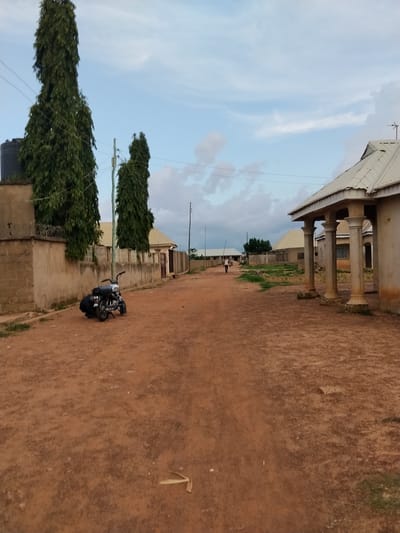 The image depicts a dirt road in Mangu Town, Nigeria, with several buildings and trees lining the street. On the left side of the road, a tall water tank is visible behind a brick wall topped with barbed wire. Two tall, slender trees stand in front of the wall. A black motorcycle is parked on the left side of the road, with a person bent over it, appearing to be working on it. Further down the road on the left, a long, low fence is visible, with a building behind it. On the right side of the road, a building with a white roof and large, decorative columns in front of a porch is prominent. Further down the road on the right, more buildings are visible, along with a patch of grass. The sky is partly cloudy.