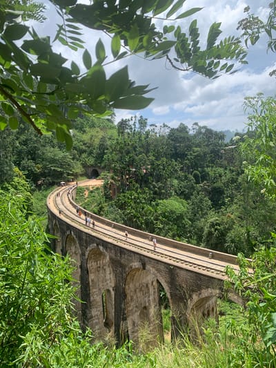 The image captures the Nine Arch Bridge, a historic railway bridge in Ella, Sri Lanka, surrounded by lush greenery. The bridge, constructed with stone and brick, features a distinctive nine-arch design and is a popular tourist attraction. Several individuals are seen walking on the railway tracks, enjoying the scenic views. The surrounding environment is dominated by dense tropical vegetation, including a variety of trees and plants, with a tunnel visible in the distance on the railway line. The sky above is partly cloudy, indicating fair weather. The photograph is taken from a slightly elevated perspective, offering a panoramic view of the bridge and its natural setting.