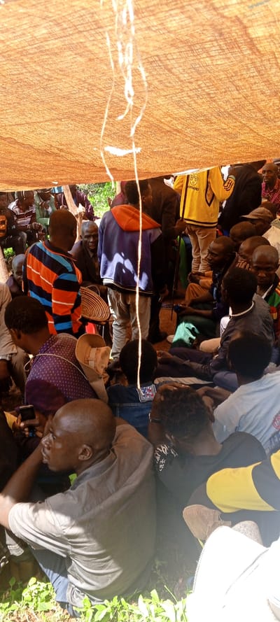 A gathering of diverse individuals is depicted, likely an event or meeting. The subjects are seated and standing under a brown tent-like structure. Clothing styles vary, showcasing a mix of casual and formal attire. Some faces are visible, displaying a range of expressions. The atmosphere appears relaxed and informal, with individuals engaging in conversations and observation. The environment suggests a rural or semi-rural setting, with vegetation visible near the seating area.