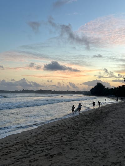 The image depicts a beach scene in Peleana, Sri Lanka, likely during sunset due to the warm hues in the sky and the silhouettes of people. The sky is a canvas of soft blues, pinks, and yellows, with scattered clouds.
In the foreground, a sandy beach stretches along the right side of the frame, with fine, textured sand. The ocean is on the left, with gentle waves rolling towards the shore, creating patterns of light and shadow on the water's surface. The water appears calm and inviting.
Several individuals are visible, mostly in silhouette, scattered along the beach and at the water's edge. Some are walking, while a few appear to be carrying surfboards, suggesting they are either surfers or heading for a surf session. Their postures and the presence of surfboards hint at a relaxed, recreational atmosphere.
The background features a line of trees and vegetation, possibly a palm grove, bordering the beach, with a hint of distant hills or land. The overall mood is tranquil and serene, characteristic of a peaceful evening by the sea. The time of day is clearly sunset, with the golden light casting long shadows and bathing the scene in a warm glow. There is no visible text in the image.