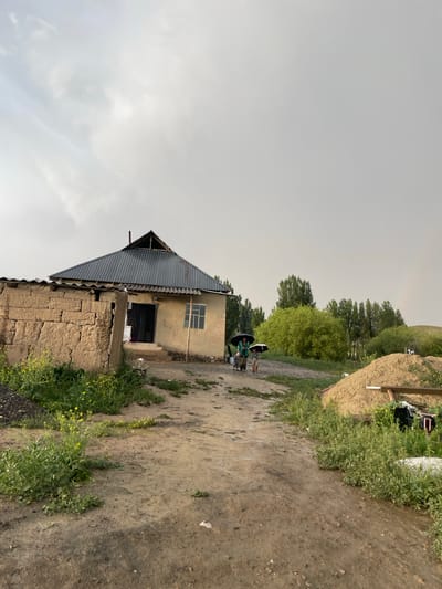 In Kara-Oi, Kyrgyzstan, a modest, single-story house with a corrugated metal roof stands prominently. Adjacent to it, a wall constructed of adobe bricks is visible, partially covered by yellow wildflowers and green foliage. A dirt path leads towards the house, with puddles indicating recent rainfall. Two individuals, one adult holding an umbrella and a child, are walking away from the house, also with umbrellas. In the background, a cluster of trees and rolling hills form the natural landscape. To the right of the path, a large pile of earth is present, with some scattered objects including what appears to be black bags. The sky is overcast with a hint of a rainbow.