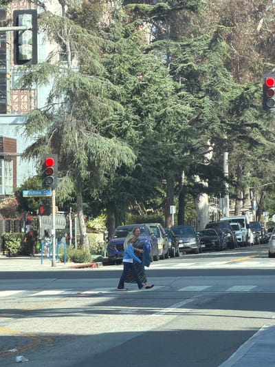 At a crosswalk on Wilshire Boulevard in Santa Monica, California, a woman with blonde hair wearing a blue jacket over a striped dress and dark pants walks from left to right. She is in the middle of the street, crossing from the left side of the image to the right. Behind her, a blue SUV is stopped at the intersection. A line of cars is parked or stopped along the right side of the street. Trees with dense green foliage line the sidewalk. Traffic signals are visible; one signal on the left shows a red light, and another signal on the right also shows a red light. A street sign indicating "Wilshire Blvd" and "600" is mounted on a pole. In the background, buildings and other trees are visible.