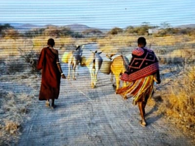 This image depicts a daylight scene on an unpaved dirt path in a rural area of the Dodoma region, Tanzania. Two individuals are walking away from the viewer, accompanying three donkeys. The person on the left wears a dark red robe or shuka. The person on the right wears a black, red, and white patterned shawl over a yellow and orange striped skirt, with sandals visible on their feet. Three donkeys walk in the center of the path, each laden with containers strapped to their backs, including yellowish and grey vessels. The immediate environment consists of dry grasses and sparse scrub brush. Distant low hills are visible against a pale blue sky in the background.
