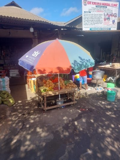 A sunny outdoor market scene in Picha Ya Ndege, Tanzania, features a fruit stand shaded by a colorful umbrella. The stand displays a variety of produce including coconuts, limes, lemons, tomatoes, and onions. Behind the fruit stand, a person in a red shirt and blue shorts is partially obscured by the umbrella. Further back, a large pot sits on a makeshift stove, and several plastic containers are visible. A clinic advertisement for "DR KALULU HERBAL CLINIC" is prominently displayed in the background. The ground is a dirt surface, with some debris and shadows cast by overhead trees. Bags of produce and other goods are stacked to the left of the fruit stand. The overall impression is a bustling marketplace under clear blue skies.