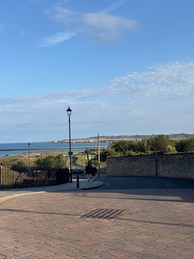 The image depicts a coastal street scene in Tynemouth, North Tyneside, United Kingdom, under clear blue skies with scattered white clouds. The sun illuminates the scene from the left, casting shadows.
In the foreground, a reddish-brown block-paved street curves to the right. A square metal grate is embedded in the pavement near the center. On the left, a black, decorative streetlamp stands on a pole, casting a shadow to its right. To the left of the streetlamp, a black metal fence or railing runs along the edge of an unseen drop. Two individuals, dressed in dark clothing, are walking away from the viewer on the right side of the street, heading around the curve.
The midground features a low, dry-stone wall on the right, which encloses a vegetated area with trees and bushes. A small, weathered wooden door is visible within this stone wall. Below the level of the foreground street, a paved path or road winds down towards the coast, with a smaller black streetlamp and a green road sign visible alongside it.
The background presents a wide expanse of calm blue sea, extending to the horizon. A breakwater or pier structure is visible projecting into the water on the left. Beyond the breakwater, a distant coastline with prominent cliffs and white structures, possibly a lighthouse (Souter Lighthouse), is visible. Further along the horizon, a town or city with numerous buildings and green hills is present.