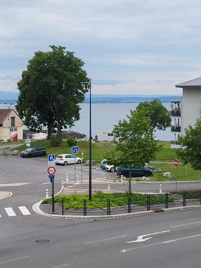 The image shows a view of a parking lot in Publier, France. It is taken from a building overlooking the lot. The lot is paved with asphalt and has a few parked cars. One of the cars is a silver sedan, another is a dark blue hatchback, and a third is a silver station wagon. There are several white posts and a few street signs present. There is a small area of grass on the right side of the parking lot. Behind the parking lot is a small building with a red roof. In the background, there is a body of water with mountains visible in the distance. There are trees in the foreground and in the background. The sky is overcast.