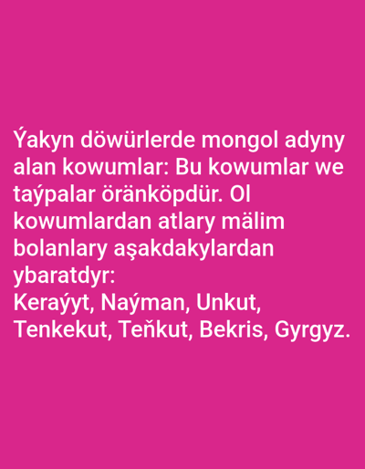 The image is a close-up, eye-level, full-frame shot of text on a solid pink background. The text is in white and written in a script that appears to be Turkmen or a similar Turkic language. The text is centered in the frame and takes up approximately the bottom half of the image. There are no people, objects, or discernible environmental features other than the text and background. The scene is indoors, or in a controlled environment, with no indication of a city, location, or geographical context.