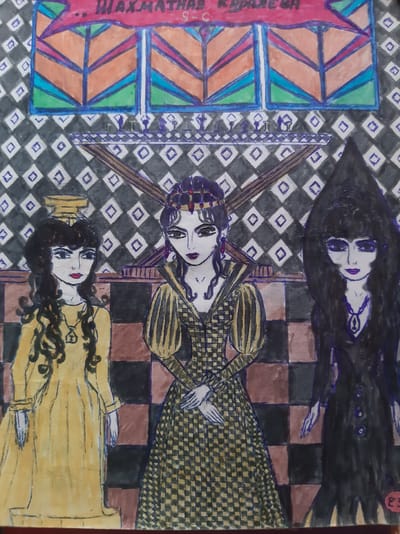 The image is a drawing that depicts three figures, likely women, in what appears to be a stylized interior. The background features a checkered pattern on the floor and a wall with diamond shapes. Above, there is a colorful banner with text in Cyrillic and a geometric pattern resembling stained glass.
The leftmost figure wears a bright yellow dress and a golden headdress. She has dark hair and is looking forward.
The central figure is dressed in an elaborate gold and black patterned gown with puffy sleeves and a high collar. She wears a dark crown with red accents and her hands are clasped in front of her.
The rightmost figure is cloaked in black with a hood covering her head, obscuring much of her hair. She wears a dark necklace with a light blue pendant and her hands are held downwards.
The overall style is illustrative and somewhat gothic. There is no visible indication of any specific location within the city of Semey, Kazakhstan, within the artwork itself.