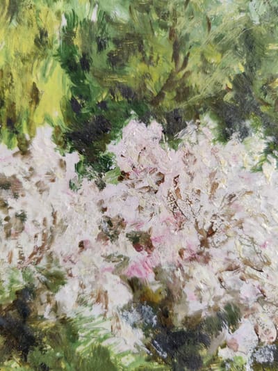 This is a close-up, abstract oil painting depicting a dense cluster of white flowers with hints of pink, set against a background of lush green foliage. The brushstrokes are thick and textural, giving the impression of a vibrant, impressionistic garden scene. The painting's style suggests it could be an outdoor artwork, possibly a depiction of a flower bush in bloom. However, there is no visual information within the image to confirm its location in the city of Rybnitsa, Moldova, nor any details about people, specific objects, actions, or interactions.