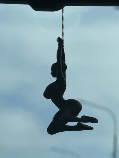 A silhouette of a nude female figure is suspended in the air against a pale blue sky. The figure is dark, obscuring any details of skin tone or features. It is depicted in a contorted pose, with arms raised and bound behind the head, and legs bent at the knees. The figure appears to be made of a solid material, likely plastic or resin, and is suspended by a thin red string tied around the wrists. The string is attached to an unseen object above, which casts a dark shadow across the top of the image. The sky is overcast, with diffused light and a faint vertical line on the right side of the frame, possibly a building or telephone pole. There are no discernible landmarks or environmental cues to suggest a specific location in Didino, Russia. The image is a close-up shot, focusing solely on the suspended figure and the sky.