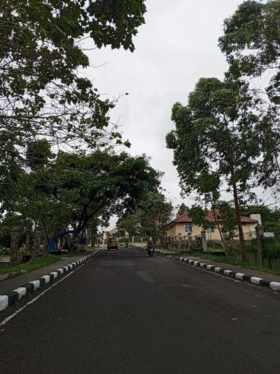 A straight road with black pavement leads towards houses and greenery. Trees frame the top of the image. Black and white painted curbs line the road's edges. A small yellow vehicle and a motorcycle are visible on the road in the distance. The sky is overcast and gray. A covered area with people is on the left side of the road, near the foreground. Fences run along both sides of the road.