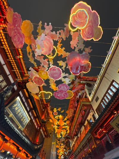 The image depicts a nighttime view of a traditional Chinese building in Shanghai, China, decorated with illuminated floral displays. The building's architecture features dark red and gold details, with intricate eaves and ornate decorations. Strings of illuminated floral ornaments hang in the foreground, appearing as floating flower arrangements. A dark sky provides the backdrop for the vibrant scene. A sign with golden Chinese characters is visible on the building's facade.