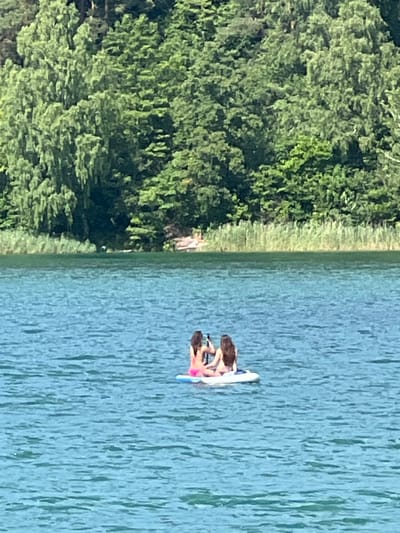In this media file, two individuals are seen on a paddleboard in a body of water, likely a lake or river, near a lush green treeline. The image is oriented vertically, with the dense foliage of trees dominating the left side and the expanse of blue water filling the right. The two people, appearing to be young adults, are seated on the paddleboard. One person is facing away from the camera, with long dark hair. The other person is turned more towards the viewer, and is wearing a pink swimsuit. The water is rippled, suggesting a gentle breeze. The overall scene evokes a sense of leisure and outdoor activity on a sunny day, likely during warmer months. The location is identified as Vilnius, Lithuania. No visible text is present in the image.