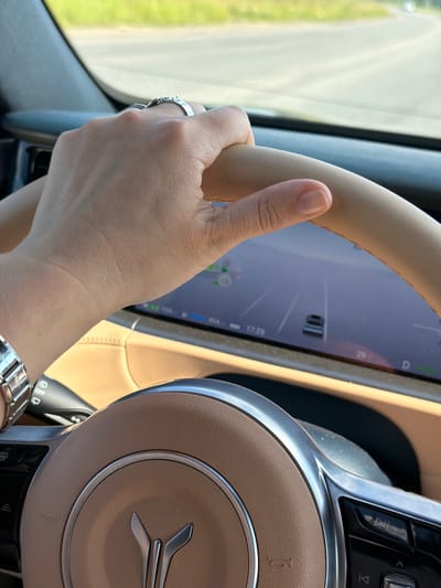 A close-up shot shows a person's left hand with rings on their fingers, gripping the beige steering wheel of a car. The hand is positioned on the upper right side of the steering wheel. A watch with a metal band is visible on the person's wrist. The dashboard display shows a simplified car interface with lane markings and a representation of the car. The background is blurred, showing a road and green foliage, suggesting the car is in motion outdoors. The scene appears to be on a road in Severnyi, Russia.