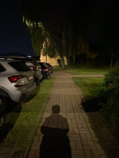 At nighttime in Bílina, Czechia, a paved pedestrian walkway runs parallel to a row of parked cars. The walkway is made of light-colored rectangular bricks, and the cars are parked on the grass to the left of the walkway. The trees overhead cast shadows, and a person's shadow is visible on the walkway, indicating their presence near the scene. The overall environment suggests a residential or urban area at night.