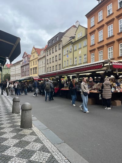 An outdoor market scene is depicted on a cloudy day at Havel's Market (Havelské tržiště) in Prague, Czechia. A long row of market stalls with red and white striped awnings lines the right side of the asphalt-paved street, offering various goods including packaged food items and souvenirs. Behind the stalls, a continuous facade of multi-story historic buildings displays diverse architectural styles and pastel colors, including orange, yellow, beige, brown, and red, with numerous rectangular windows.

On the left side of the scene, a cobblestone sidewalk features a black and white geometric pattern. Two grey, phallic-shaped stone bollards stand on this sidewalk in the foreground. A dark awning structure partially obscures the upper left corner.

Numerous individuals are present, walking and browsing the market. In the midground on the right, a female wearing a light beige jacket, light blue wide-leg jeans, and white sneakers walks towards the viewer. Behind her, another female in a black top, dark blue jeans, and white sneakers walks away. To their right, a female with her back to the viewer wears a light brown quilted vest and stands examining items at a stall. Further down the street, various groups of people, many in coats and jackets, are observed moving and interacting with the market stalls. One person in the midground, left of center, is seen carrying a silver briefcase.