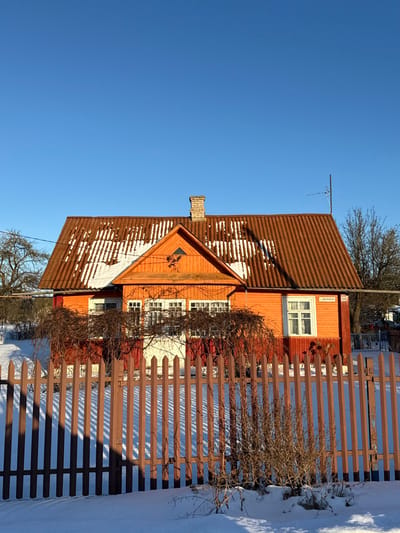 A reddish-orange house with a brown corrugated metal roof stands next to a wooden fence, both partially covered in snow. The house has several windows and a chimney. A leafless vine climbs along the fence and the house. Clear blue sky dominates the upper-left portion of the image. Snow is on the ground near the fence.