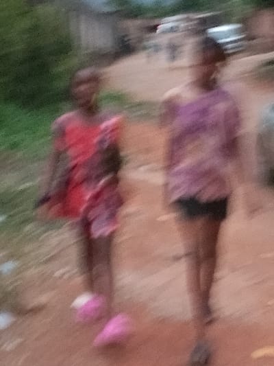 The image depicts two individuals walking on an unpaved, reddish-brown dirt path in Orie Uratta, Nigeria, under low light conditions. Both subjects are blurred due to motion.
The individual on the left wears a multi-colored garment, predominantly red, and pink footwear, possibly slippers or sandals with white accents. The individual on the right wears a patterned top, primarily purple, and dark shorts or a skirt, with dark footwear. Both appear to be moving forward, with their legs in motion.
In the background, to the left, green vegetation is visible. Further back, on the right side of the frame, blurred structures and indistinct white or light-colored vehicles are present, suggesting a residential or village setting. The overall lighting is dim, indicating dusk, dawn, or an overcast environment.