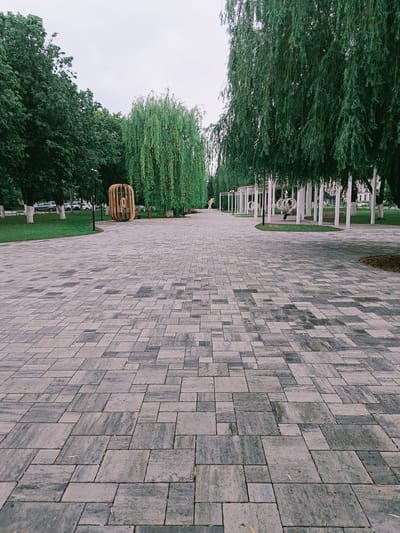 The image depicts a paved walkway in a park, likely in Gubkin, Russia. The walkway is constructed from large, rectangular grey stones laid in a staggered pattern, with some fallen leaves scattered on the surface. On either side of the walkway are well-maintained green lawns and mature trees with lush green foliage.

To the left, a line of trees with dense green leaves creates a boundary, with cars parked in the distance. A distinct, large, wooden, cage-like sculpture stands near the walkway.

To the right, a series of white, modern, open-air pavilions with curved roofs are spaced along the path. Within one of these pavilions, a person is seated on a bench, possibly enjoying the park. The pavilions are interconnected by the paved walkway, and a park bench is visible under another pavilion further down the path. The overall atmosphere suggests a tranquil urban park setting designed for recreation and relaxation.