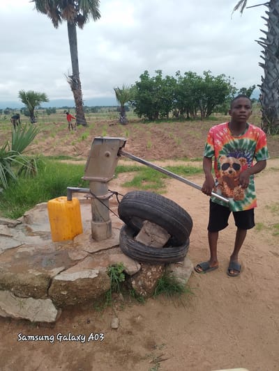 In Angwan Hausawa, Nigeria, a young boy stands by a water pump. The boy wears a tie-dye t-shirt with a graphic of a teddy bear in sunglasses and black shorts, along with dark flip-flops. In front of him, two car tires are stacked, with a piece of concrete resting on top of them. To the left of the tires is a yellow plastic water container connected to the pump's spout. The water pump itself is metallic and mounted on a stone base. The ground is sandy and uneven, with scattered rocks and patches of green grass. In the background, a field with young plants stretches towards a line of trees and palm trees under a cloudy sky. Several other figures, possibly children, are visible working or playing in the distance. The overall environment suggests a rural or semi-rural setting, possibly a village or farm.
