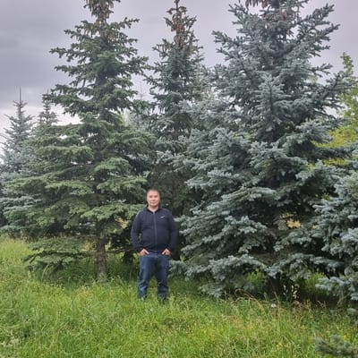 A man stands in a grassy area next to a line of tall evergreen trees. He is wearing a dark blue zip-up hoodie over a lighter colored t-shirt and dark blue jeans. His hands are in his pockets, and he is looking towards the camera with a neutral expression. The trees are dense and full, with blue-green needles, and appear to be spruce trees. The ground is covered in green grass with some small wildflowers. The sky is overcast and appears to be a light gray. The overall scene suggests an outdoor setting in a natural environment, possibly a park or a forest edge. The lighting indicates it is daytime, but the cloudy sky might suggest it is not a particularly sunny day. The location is identified as Aktobe, Kazakhstan.