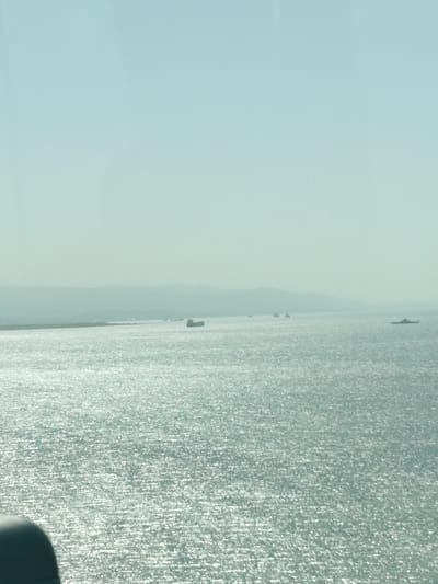 This image captures a wide, expansive view of a large body of water, likely the Gulf of Izmit, consistent with the provided location context of Dilovası, Turkey. The scene is dominated by a bright, shimmering sea under a clear, light blue sky.
In the mid-ground, a hazy distant shoreline with undulating landforms or mountains stretches across the horizon. Several ships are visible on the water. A prominent, dark-hulled vessel, possibly a cargo ship or tanker, is situated slightly right of the center. Further to the left, two smaller, less distinct ships appear in the distance. On the far right, another vessel, appearing flatter and wider, is also present. These ships suggest ongoing maritime activity.
The time of day appears to be bright daylight, possibly midday or early afternoon, as evidenced by the intense sunlight reflecting off the water's surface, creating a sparkling, almost metallic texture across the entire visible expanse. The weather is clear and sunny, though a slight atmospheric haze softens the details of the distant land.
In the bottom-left corner, a dark, indistinct shape partially obscures the water, suggesting the photograph was taken from a structure, vehicle, or a boat's interior. The overall impression is one of calm, vastness, and a clear, bright day on the water. No visible text is present in the image.