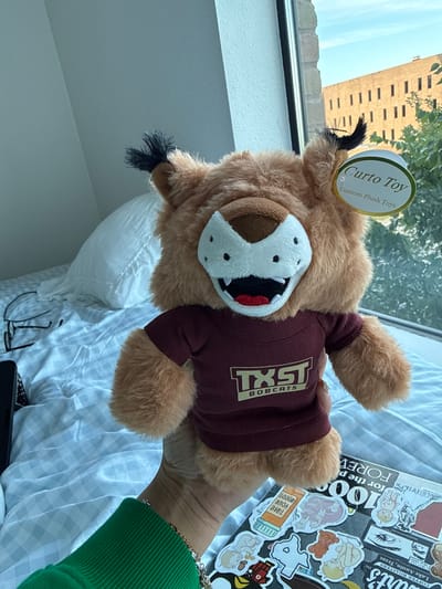 A bobcat plush toy, wearing a maroon shirt printed with "TXST Bobcats," is displayed against a backdrop of a window and the outside world. The toy is held in a person's hand, with a green sleeve visible. The location is identified as Austin, Texas, based on stickers on a laptop to the right of the toy. In the background, a tall brick building is partially visible through the window. The plush toy has a tag labeled "Curto Toy Custom Plush Toys" attached to it.