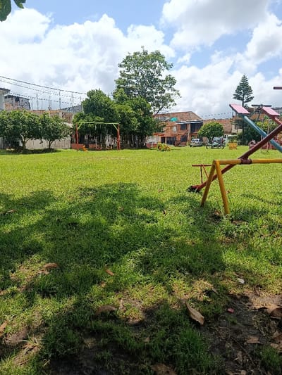 A vibrant playground nestled within a grassy expanse. Colorful play structures stand amid lush greenery, hinting at joyful activity. In the backdrop, modest buildings peek out behind trees and a swing set. The sky, painted with scattered clouds, adds a touch of serenity. Brown leaves scattered across the ground suggests a change in season.