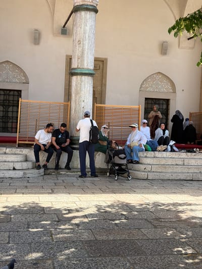 The media file captures an outdoor scene, likely in Sarajevo, Bosnia and Herzegovina, given the architectural style. Several people are present, some sitting on stone steps and benches, while others are standing.
The subjects include a mix of men and women, many of whom appear to be dressed modestly, suggesting a cultural or religious context. Several individuals are wearing head coverings. One person is seated in a stroller or wheelchair.
The activity appears to be a gathering or a moment of rest. Some people are engaged in conversation, while others are looking around or are seated peacefully. The overall mood seems calm and relaxed.
Notable details include the stone architecture of the buildings, with ornate windows and arches, and the textured stone paving of the ground. Sunlight casts dappled shadows on the ground, indicating it is daytime, likely morning or afternoon. The presence of greenery suggests a pleasant weather.
There is no visible text in the media file. The scene conveys a sense of community and peaceful coexistence within a historical and culturally rich setting.