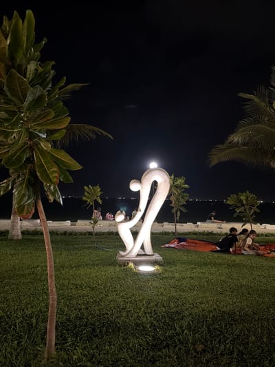 This media file, captured at night in South Quy Nhon Ward, Vietnam, depicts a scenic outdoor setting. The foreground is dominated by a large, abstract white sculpture with smooth, curved lines, illuminated by a spotlight at its base. Adjacent to the sculpture is a well-maintained lawn. In the middle ground, several people are seated on a mat on the grass, some appearing to be engaged in conversation or relaxation. One person is leaning against a low wall. Beyond them, a dimly lit walkway or promenade stretches along the water's edge, marked by a line of small lights. The sea is visible in the distance, reflecting the faint lights. The scene is framed by lush green foliage, including palm fronds and other tropical plants, adding to the serene atmosphere. The overall impression is one of a peaceful evening gathering or outing, possibly a picnic or a moment of repose by the water. The time of day is clearly night, with a dark sky and artificial lighting illuminating the immediate surroundings. There is no visible text in the image.