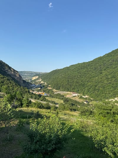 The image captures a panoramic view of a valley in Khuchni, Russia, on a clear, sunny day. The foreground features lush green grass and trees, with some shadows cast by the vegetation. A pathway or road is visible winding through the middle ground. In the valley, a settlement with various buildings, including some industrial-looking structures with orange roofs and smokestacks, is nestled amongst the trees. The slopes of the valley are densely covered with green trees, creating a natural, forested landscape. In the distance, the valley opens up to reveal more of the settlement and rolling hills under a bright blue sky with a small, wispy cloud. The scene appears serene and natural, with signs of human habitation integrated into the environment.