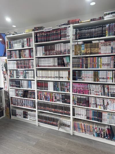 The image depicts a well-organized, extensive collection of manga and books displayed on multiple white bookshelves. The bookshelves are arranged in a room with a neutral-colored floor and a white ceiling featuring recessed lighting. The collection spans several rows and columns, with the majority of the items being manga volumes, identifiable by their colorful spines and varying sizes. Some of the visible titles include "Seinen," "Kino's Journey," "The Legend of Zelda," and "Attack on Titan." There are also some larger art books or special edition volumes interspersed within the shelves. The overall scene suggests a dedicated collector or a bookstore with a substantial manga section. There are no people present in the image. The lighting suggests it is daytime or an interior space with artificial lighting. Based on the text "Villeneuve-d'Ascq" visible on a label in the image, this collection is located in Villeneuve-d'Ascq, France.