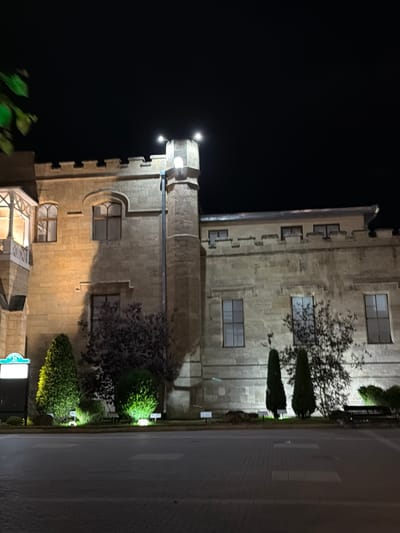 The image shows a stone building at night, with lights illuminating its facade. The building has a crenellated parapet and a tower. There are several windows visible, some of which are lit from within. In front of the building, there are trees and bushes, some of which are also lit by spotlights. A bench is visible to the right of the frame. The building appears to be a historical structure, possibly a museum or a government building. The scene suggests a quiet evening in a city, with the building being the focal point of the illumination.
The building in the image is the Narzan Gallery in Kislovodsk, Russia. The Narzan Gallery is a historical landmark known for its architecture and its connection to the mineral springs of the region. The image captures the building at night, with its facade illuminated by artificial lights, highlighting its stone construction and architectural details. The surrounding area appears to be a park or a public space, with trees, bushes, and a bench. The presence of spotlights indicates an effort to enhance the visual appeal of the building and its surroundings after dark.