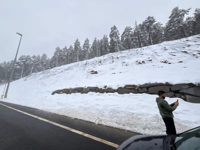The scene is set in Real Sitio de San Ildefonso, Spain, under an overcast sky, depicting a roadside in a snow-covered, forested area. In the lower foreground, a dark asphalt road is visible, marked with a solid white line. A tall, grey streetlamp stands vertically on the left side of the road. To the right of the road, an adult male subject is positioned between a partially visible dark-colored vehicle in the lower right and a snow-covered embankment. The male has a beard and is wearing a green hooded sweatshirt and dark pants. He is holding a smartphone with both hands, oriented towards the snowy landscape, indicating he is capturing an image or video. The background consists of a steep, snow-covered hillside. A stone retaining wall forms the base of the slope, above which a snow-covered incline with visible erosion control netting rises. The crest of the hillside is densely populated with pine trees, all heavily laden with snow.