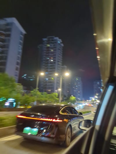 The image shows a nighttime view from inside a vehicle, looking out at a city street scene in Longta, China. A black car is in the foreground, moving away from the camera. The car has its brake lights illuminated, forming a continuous red light bar across the rear. A green license plate is visible on the back of the car. On the left side of the image, trees and buildings are visible. The buildings are tall, multi-story structures with illuminated windows. Streetlights are also visible, casting a warm glow. The background shows more buildings and the lights of other vehicles on the road, indicating traffic. The overall impression is one of a busy urban environment at night, captured from a moving vehicle.