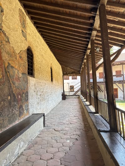 The image captures a long, covered walkway or portico within the Rozhen Monastery in Rozhen, Bulgaria. The perspective is from inside the walkway, looking forward along its length.
To the left, a robust wall, likely stone, exhibits significant wear and historical detail. It features large, faded frescoes or murals depicting religious figures and scenes, rendered primarily in earthy tones of red, brown, and ochre, with some areas showing deterioration and cracking. Two narrow, arched windows with dark metal grilles are set into this wall. A long, dark wooden bench, appearing to be built-in, runs along the base of this wall in the foreground.
The ceiling of the walkway is an exposed wooden beam structure, with numerous parallel dark brown timbers running perpendicular to the direction of the path. Larger, rough-hewn wooden support beams are also prominent, particularly on the right side, extending downwards to form structural pillars. A single dark lantern-style light fixture is visible hanging from the ceiling on the right side.
The floor of the walkway is paved with reddish-brown hexagonal stone tiles, showing signs of age and irregular placement. Sunlight enters from the right, casting distinct shadows from the overhead structure and the right-side railing across the tiled floor.
To the right, a wooden railing separates the walkway from an open courtyard. This railing consists of dark wooden vertical balusters and horizontal rails. Beyond the railing, a multi-story building with white plastered walls, dark wooden balconies with railings, and red-tiled roofs is visible. Several windows with closed brown wooden shutters are present on this building. A rustic wooden staircase is also visible on the left side of the courtyard building, leading to an upper level. The courtyard ground appears to be a mix of grass and possibly unpaved areas.
No people or animals are present in the scene. The overall impression is one of historical architecture, suggesting a well-preserved or restored monastic environment.