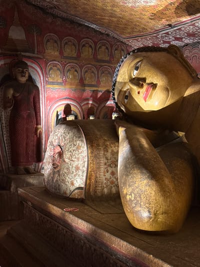The image captures the interior of a cave temple, identified as part of the Dambulla Cave Temple complex in Dambulla, Sri Lanka. The scene is dominated by a large, golden reclining Buddha statue positioned from the foreground to the mid-ground on the right. The statue's face, featuring open eyes and red lips, is angled upwards and supported by its bent right arm. Its body displays painted fabric details with intricate floral and geometric motifs in white, gold, and red.

To the left, a standing Buddha statue, clad in a textured red robe with its right hand raised, stands on a slightly elevated platform. In the mid-ground, behind the reclining Buddha's body, several smaller, darker Buddha statues are partially visible.

The cave walls are extensively covered in murals, including multiple rows of seated Buddha figures depicted within arched niches, primarily in red, gold, and white. The ceiling is also elaborately painted with repeating patterns. A small offering of red and white flowers rests on the stone platform in the immediate foreground, in front of the reclining Buddha. The environment is dimly lit by focused artificial light sources, highlighting the statue features. No living individuals are present.