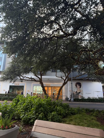 The image shows a view of the exterior of the Dior store located in Austin, United States of America. The building facade is predominantly white and features the "DIOR" logo at both the top and bottom of the storefront. The building has several glass windows, and the entrance is open. Outside the store, several people appear to be walking around.
In the foreground, there is a large tree with many small, warm-toned lights wrapped around its branches, which frames the view of the store. To the right, a portion of a wooden bench is visible along with lush greenery. On the other side of the building, the edge of a Dolce & Gabbana advertisement can be seen.
