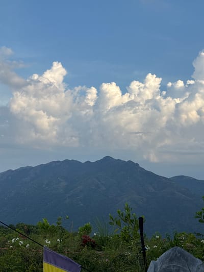 The image captures a scenic view of mountains and a cloudy sky, likely taken from a vantage point in Diên Khánh, Vietnam. In the foreground, lush green vegetation with scattered white and red flowers is visible. A dark pole-like object stands among the plants, and a portion of a flag, colored yellow and purple, is draped across the lower left corner. The middle ground features the dense, green slopes of a mountain range, stretching across the frame. The background is dominated by a vast blue sky filled with large, puffy white clouds, illuminated by sunlight. The overall atmosphere is tranquil and natural, suggesting an outdoor setting with a panoramic view.