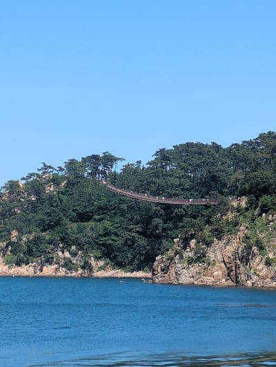 The image shows a cliff face densely covered with trees, next to a body of water under a clear blue sky. A walkway, likely a pedestrian bridge or trail, is visible running along the side of the cliff amidst the trees. The cliff appears rocky in some areas. The location is presumed to be in Ulsan, South Korea. There are no people visible in the image.