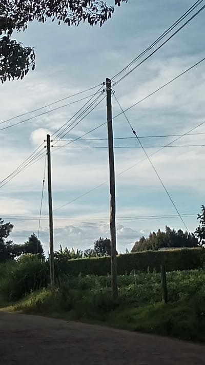 The image depicts a rural roadside scene in Ndeiya, Kenya. Two wooden utility poles stand parallel to the road, supporting multiple electrical wires against a backdrop of a partly cloudy sky. Vegetation, including bushes and trees, lines the side of the road. The road itself is paved and appears relatively narrow. There is no visible human activity.