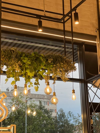 The image captures an interior view looking out a window onto an urban street scene. The foreground is dominated by a decorative hanging arrangement of artificial greenery and exposed filament light bulbs, some of which are illuminated. These lights are suspended from a black metal frame structure, which also supports an LED strip light running horizontally.
Through the large window, a grey, multi-story apartment building is visible in the background, with several windows and balconies. Lush green trees are positioned in front of the building, suggesting a temperate climate. A street lamp is also present, and overhead power lines are visible against the sky.
Partially visible in the lower left corner is a large, bright yellow neon sign with abstract lettering. The overall impression is that of a cafe or retail space with a modern, industrial-chic aesthetic, looking out onto a typical residential street in a Russian city. The specific location mentioned, Косой Карьер Снт, Russia, aligns with the urban architectural style.