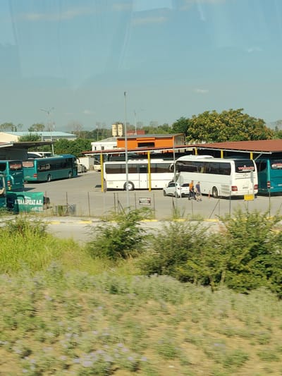 The image captures a bus depot in Larissa, Greece, under a bright, clear sky. Several large tour buses are parked in an open lot, some under covered shelters with red-tiled roofs. Two green buses are visible on the left, one with its rear facing the camera. A white bus with "TIRANAS" branding is positioned in the center, alongside a white car. Two men, dressed in casual attire, are standing near the white bus. The ground of the depot appears to be paved, with some yellow lines marking parking areas. In the foreground, lush green vegetation, including tall grass and flowering bushes, lines the edge of the scene, suggesting an outdoor, possibly semi-rural, setting on the outskirts of Larissa. Buildings with industrial-looking structures are visible in the background, interspersed with trees and utility poles. A green container with Greek text, "ΚΤΕΛ ΛΑΡΙΣΑΣ Α.Ε." which translates to "Larissa Bus Company S.A.", is placed near the green buses. The overall impression is that of an active transportation hub during daylight hours.