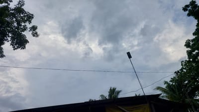 The image depicts an overcast sky with a dense layer of grey clouds, suggesting an impending rain or a generally cloudy day. In the foreground, a dark-colored, angled rooftop of a building is visible, partially obscured by shadows. Above the rooftop, a thin black wire stretches horizontally across the frame, and a long, dark pole with a rectangular fixture at its top, likely a light or antenna, rises vertically from below the wire towards the sky. Green foliage from trees frames the left and right edges of the image, with some leaves appearing dark and saturated. In the mid-ground, palm fronds and other leafy trees peek over the rooftop, adding to the tropical setting. This scene is consistent with an outdoor environment in Samal, Philippines, likely a residential or commercial area with overhead wiring and vegetation common to the region. No people are present in the image.